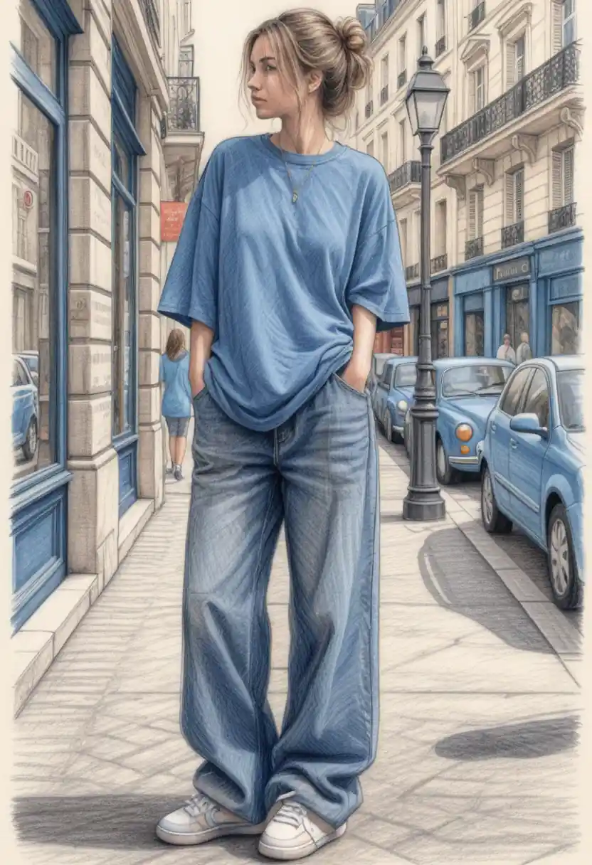 Young woman in oversized outfit on Parisian city sidewalk