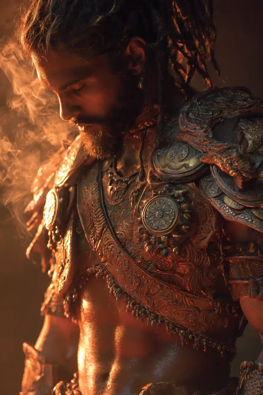 Portrait of a Mediterranean dragon warrior in smoky chiaroscuro