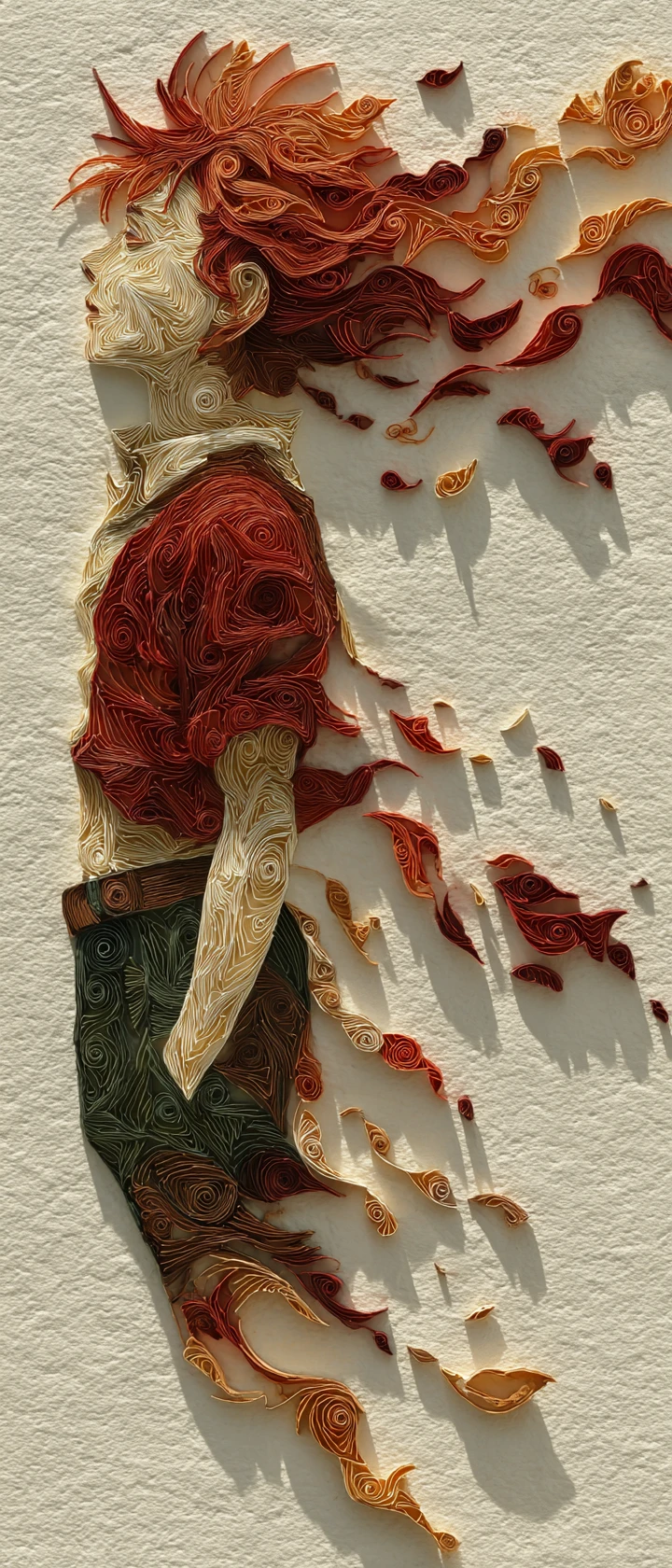 Melancholic anime boy dissolving into swirling autumn leaves