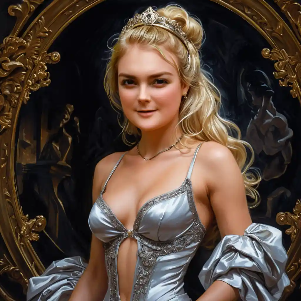Glamorous blonde woman posing in baroque boudoir