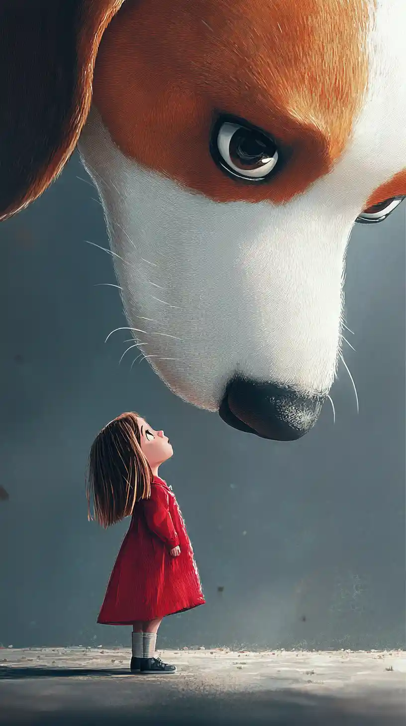 Giant beagle facing a tiny curious girl in digital illustration