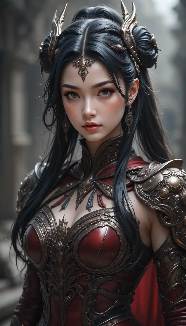 Anime dragon warrior woman in ornate draconic armor