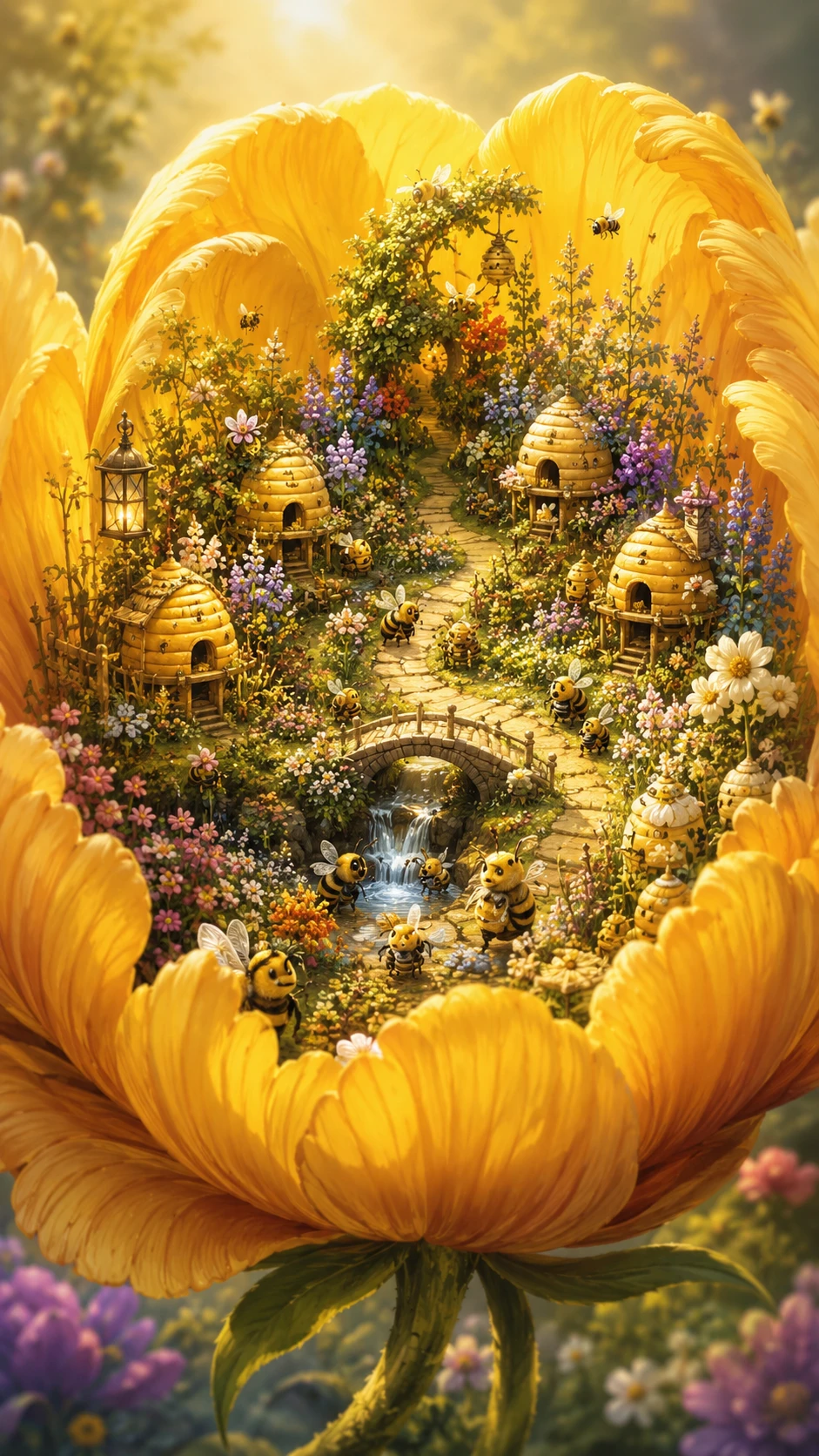 Mundo Fantástico de Flores Bañado por el Sol Lleno de Pequeñas Abejas