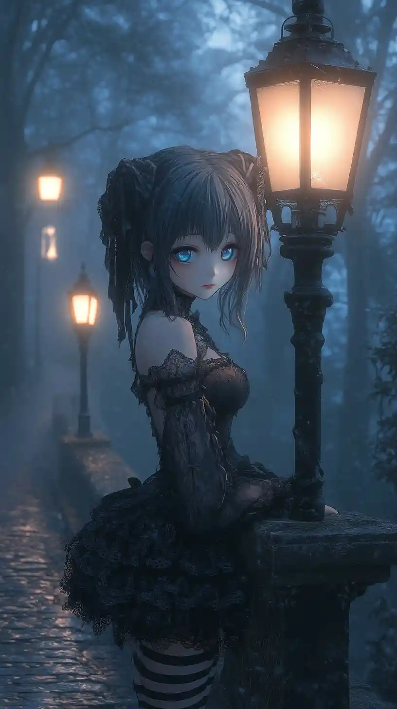 Anime girl in lace dress under moonlit forest streetlights