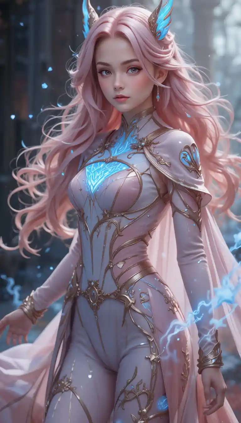 Fantasy anime girl with pink hair and glowing blue antlers