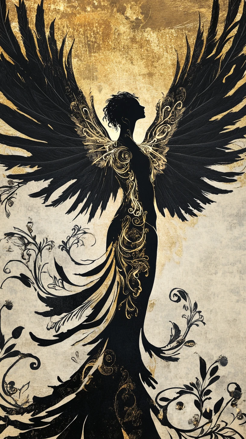Elegant humanoid figure with vast raven wing extensions