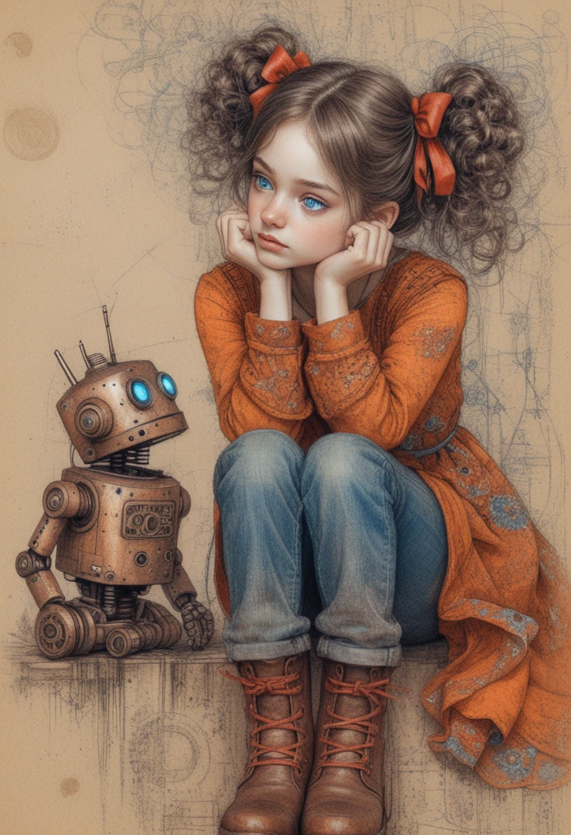 Ragazza con codini che crea un legame con un piccolo robot vintage