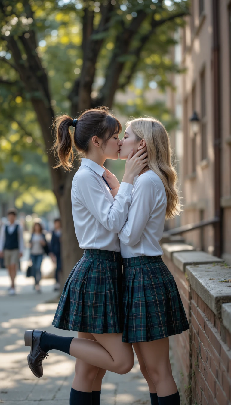 Two students kissing under a tree on campus