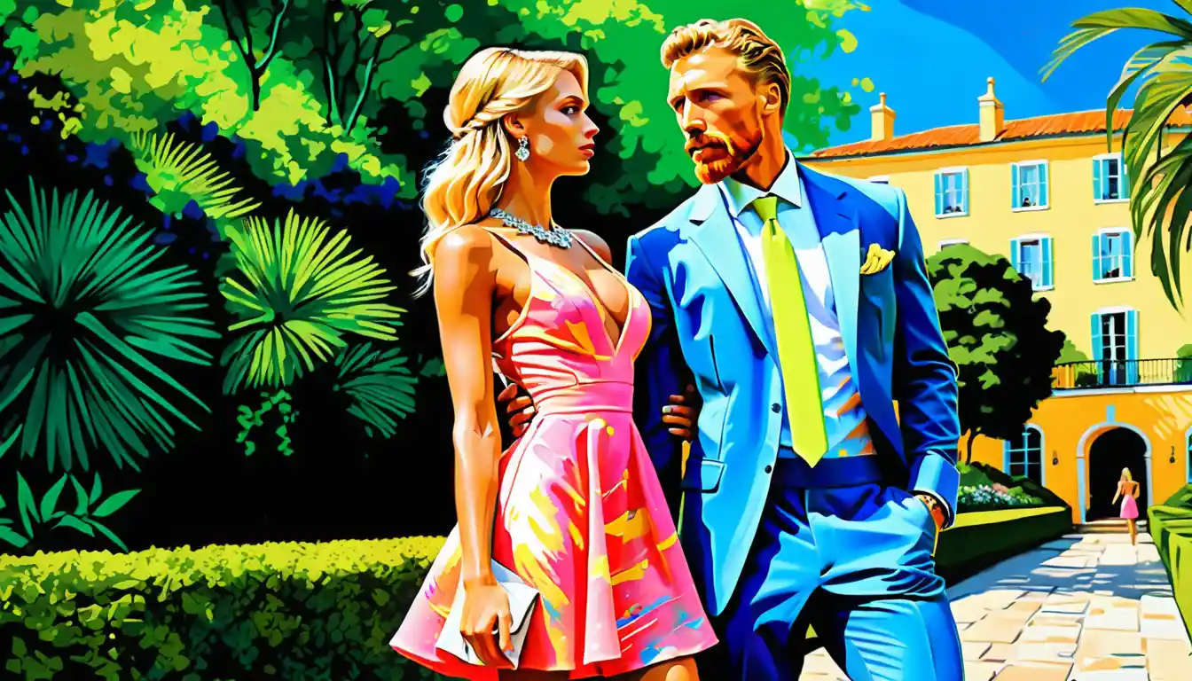 Blonde fashion woman posing in elegant dress in garden
