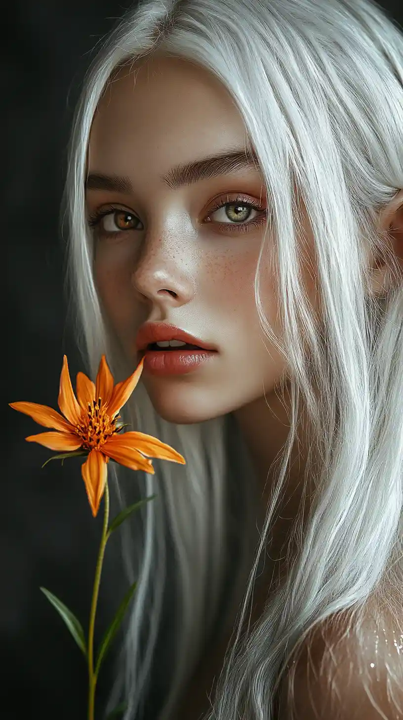 Elf girl close up beside a vibrant orange wildflower