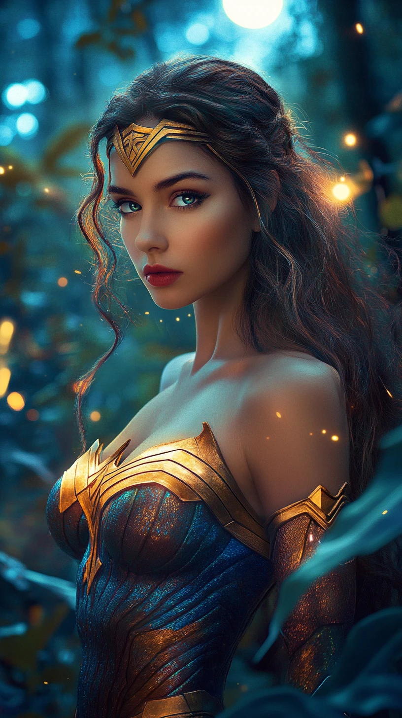 Superhero woman in an enchanted moonlit forest