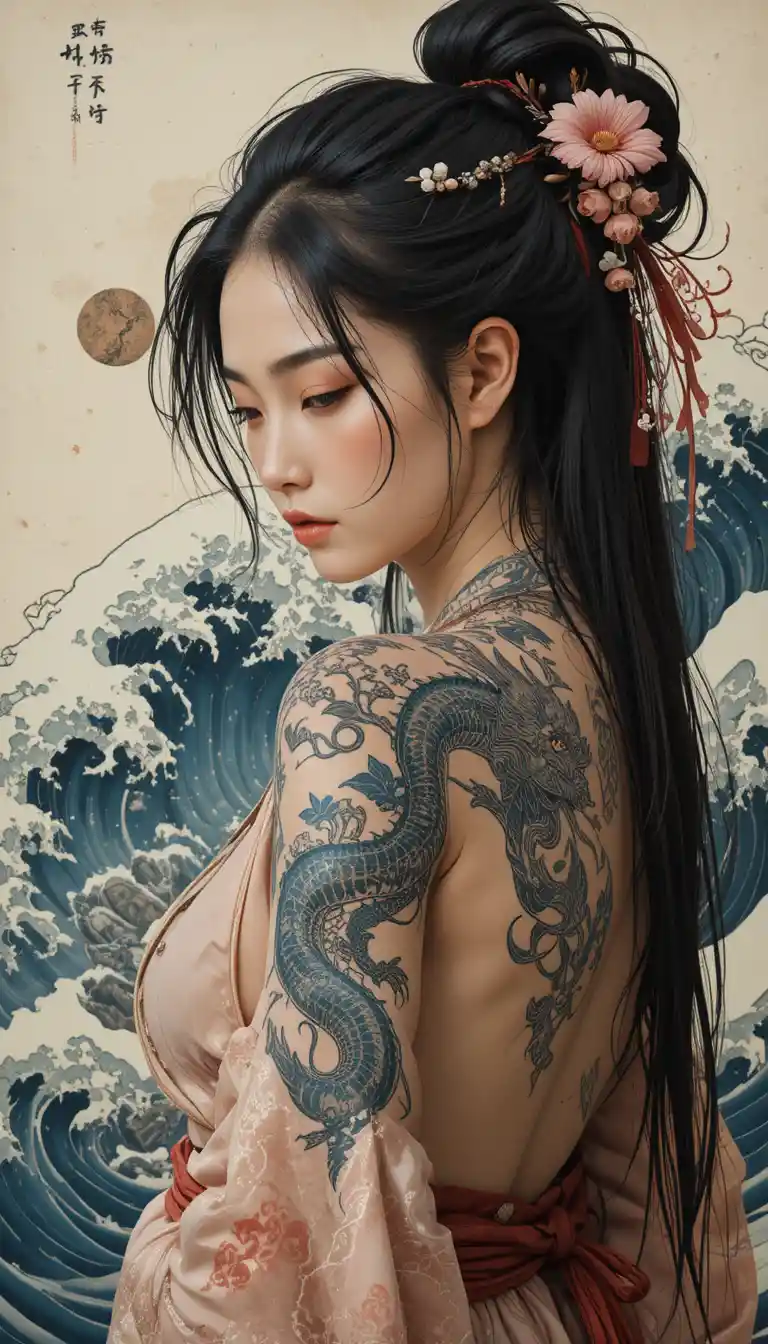 Asian woman with dragon tattoo and red rope belt
