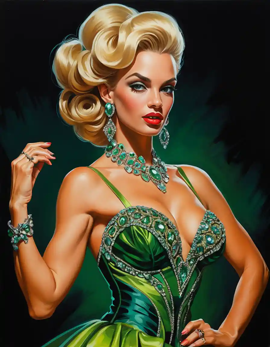 Blonde fantasy woman in jeweled masquerade ball gown