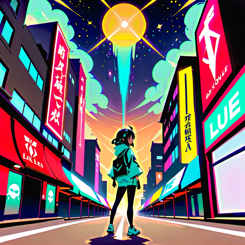 Masked players in a neon lit city squaring off at night