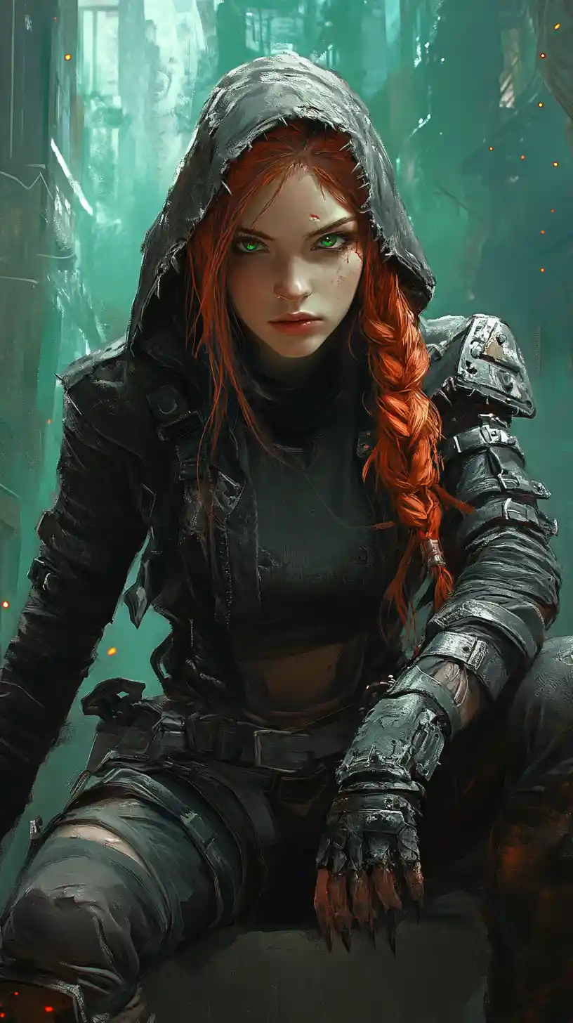 Rogue girl crouching on a ruined ledge in dark city
