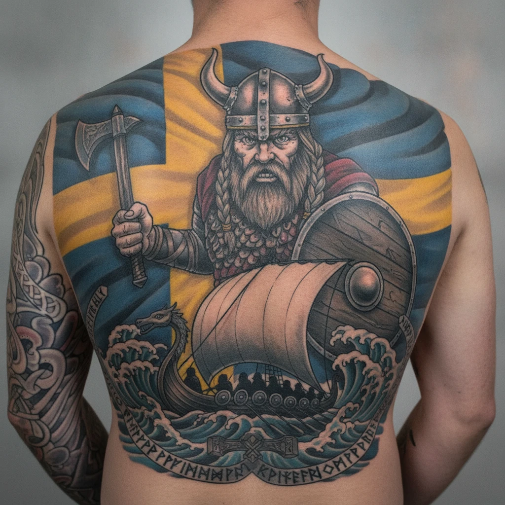 Viking warrior tattoo with ship and Swedish flag backdrop
