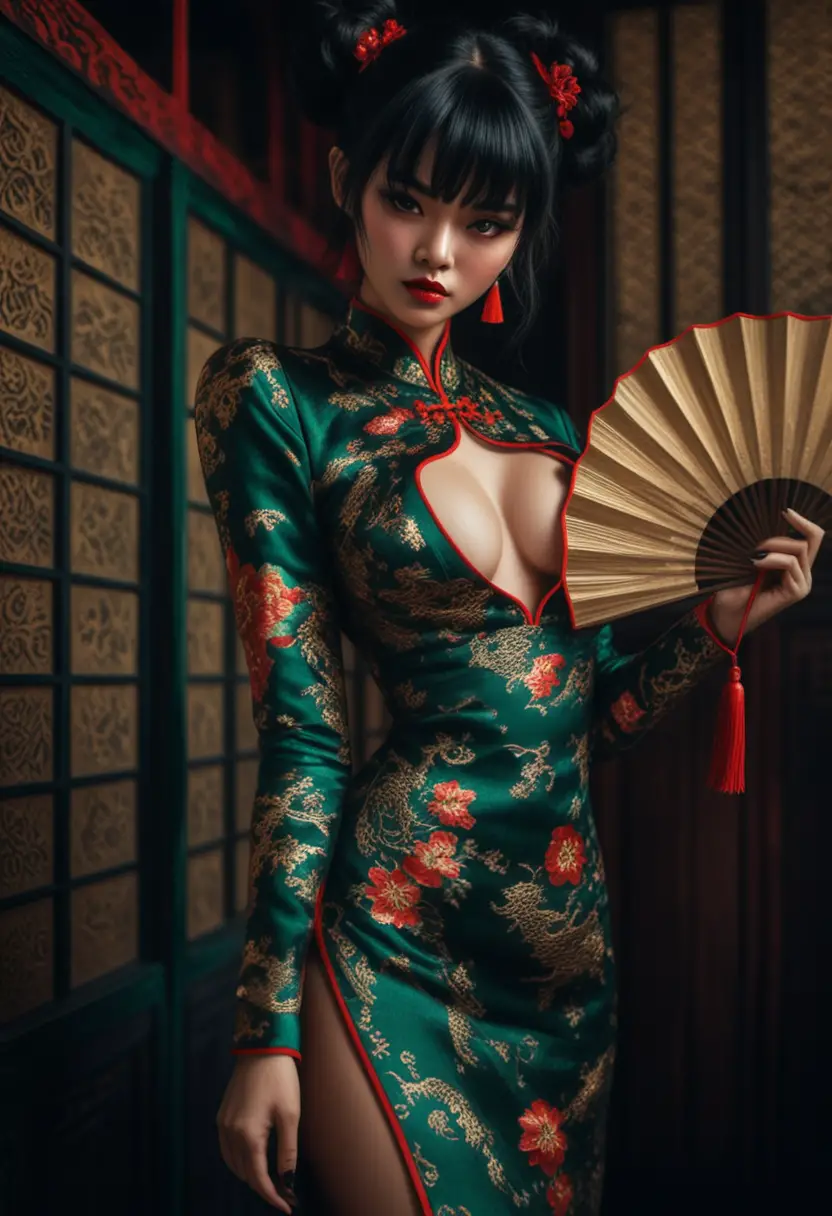 Dark fantasy woman in emerald cheongsam with fan