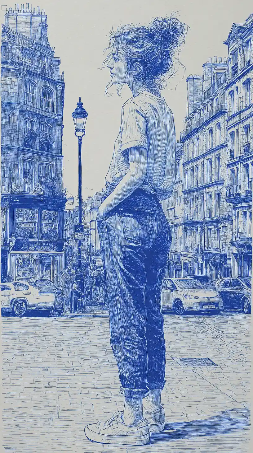 Young woman in oversized outfit on Parisian city sidewalk