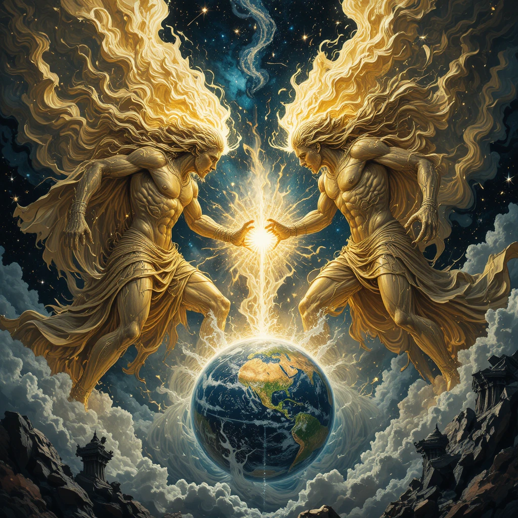Colossal Greek gods battling in storms above the Earth