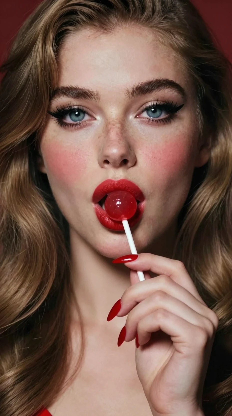 Retrato seductor en primer plano de chica con paleta roja