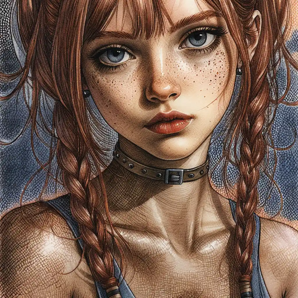 Freckled girl with braids in crosshatched artistic portrait