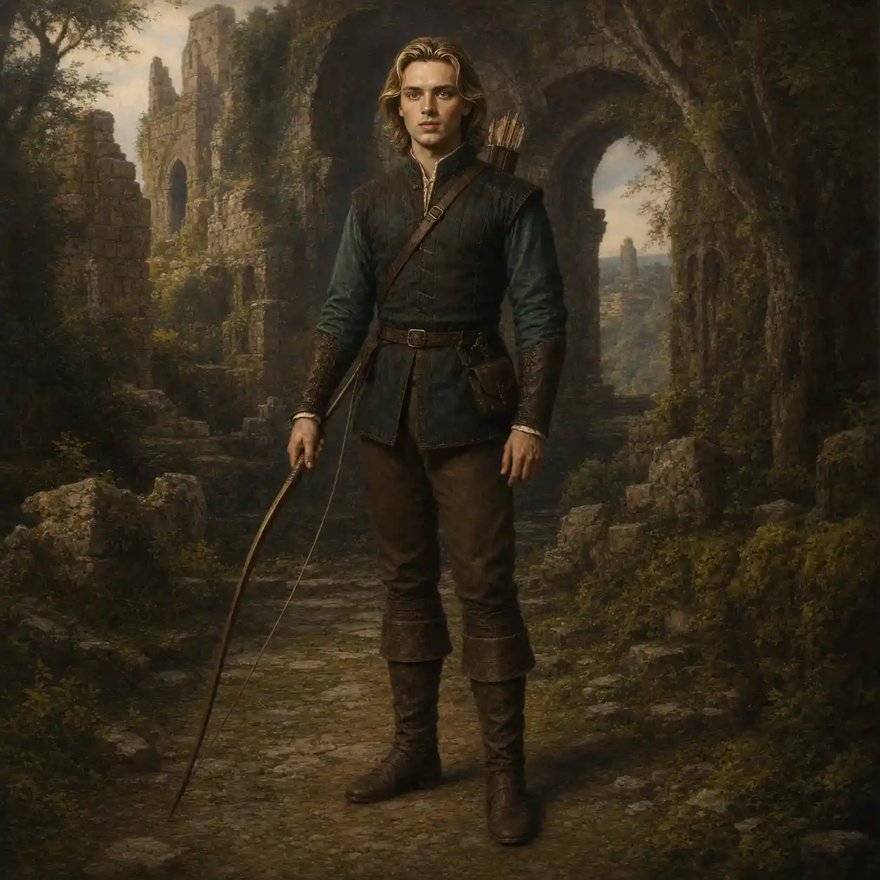 Full length renaissance portrait of a man with bow and arrows