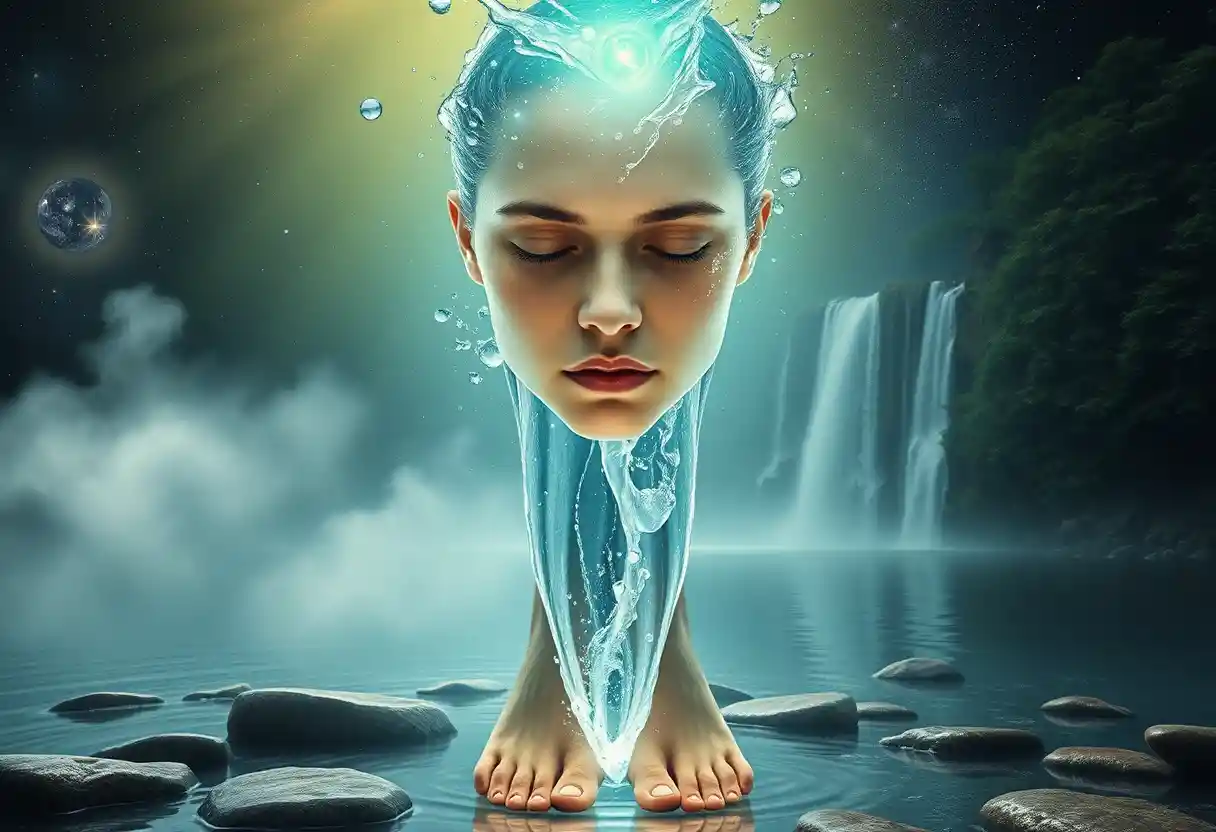 Intimate cinematic portrait of a woman in a cosmic water flow