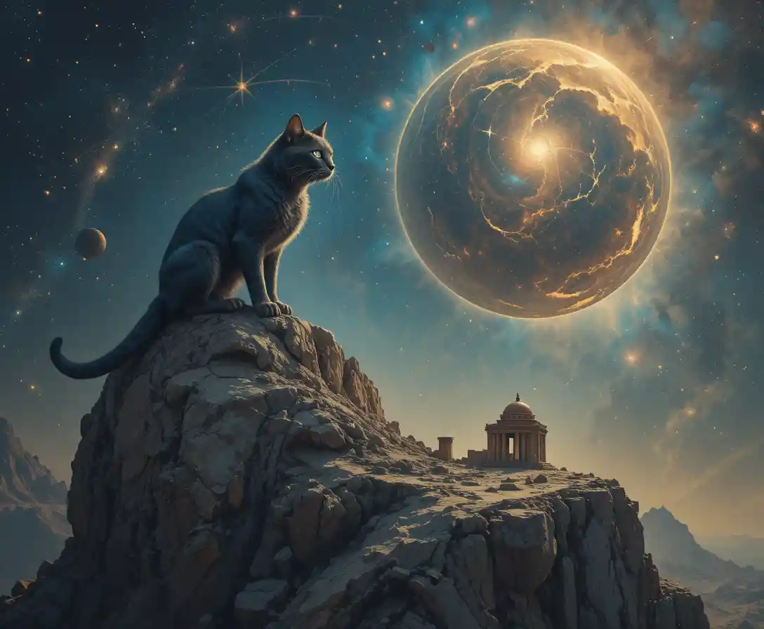 Cosmic cat overlooking a shattered celestial world