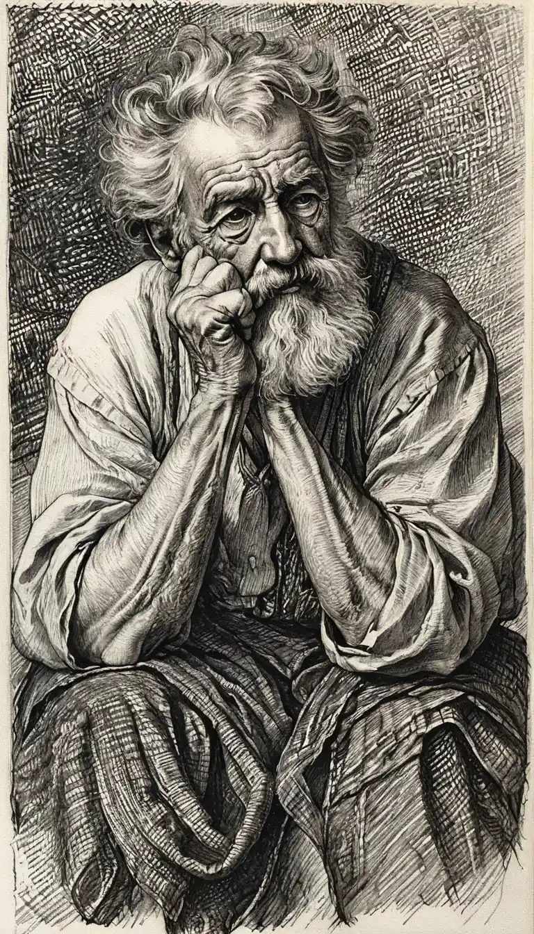 Engraved portrait of a thoughtful old man with intense gaze