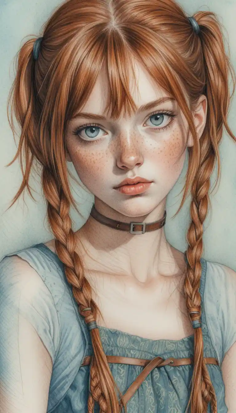 Freckled girl with auburn braids in cross hatched portrait