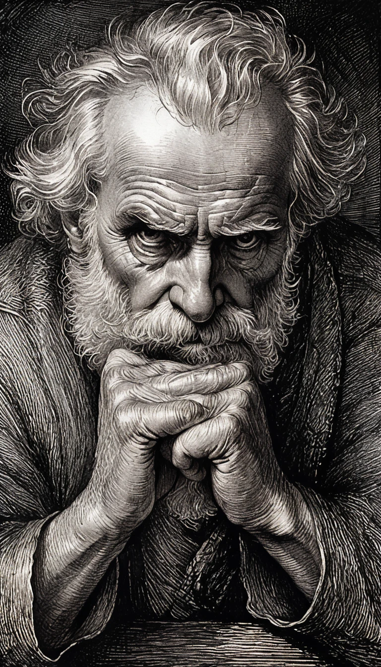 Engraved portrait of a thoughtful old man in deep reflection