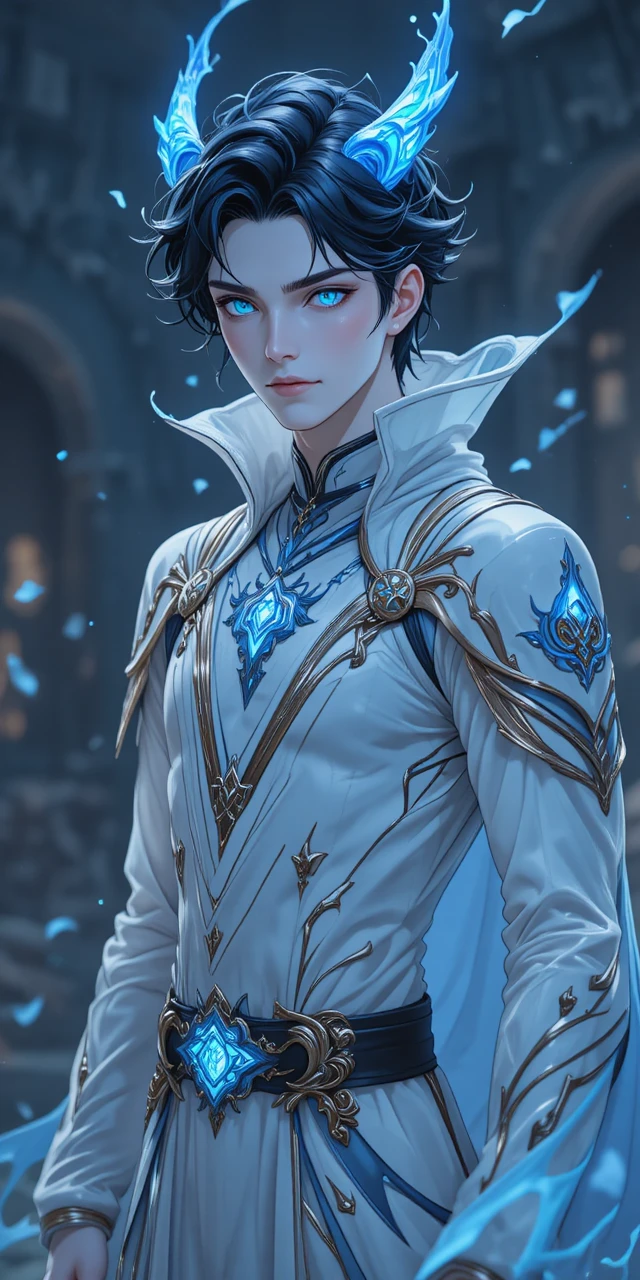 Fantasy man with glowing blue horns and flowing robes