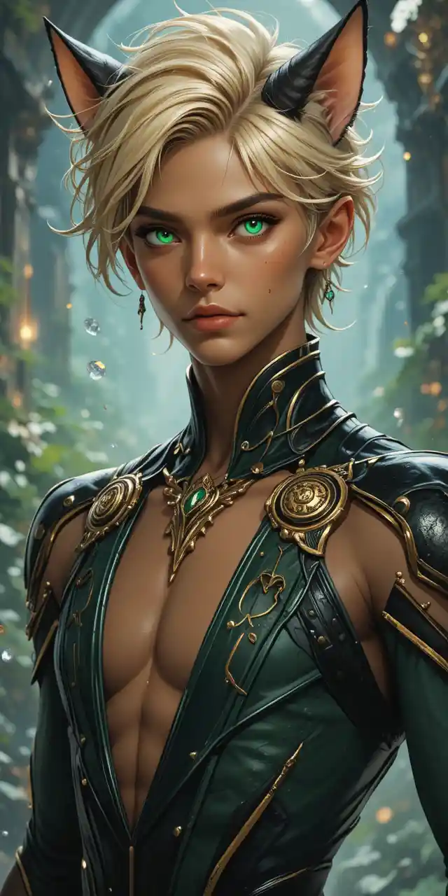 Anime fantasy man with cat ears and green coinlike eyes