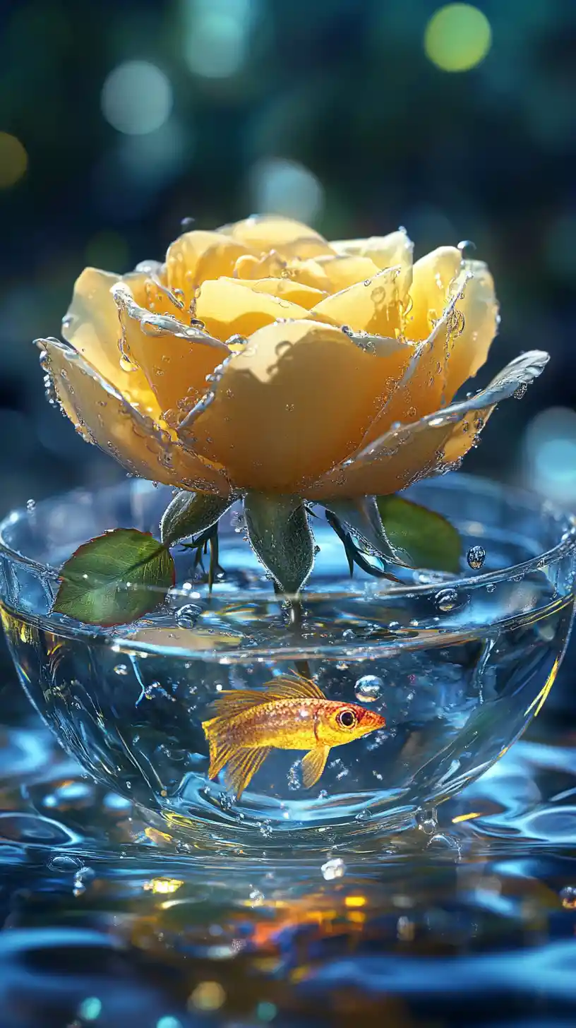 Yellow rose and glowing water turtle in glass vessel