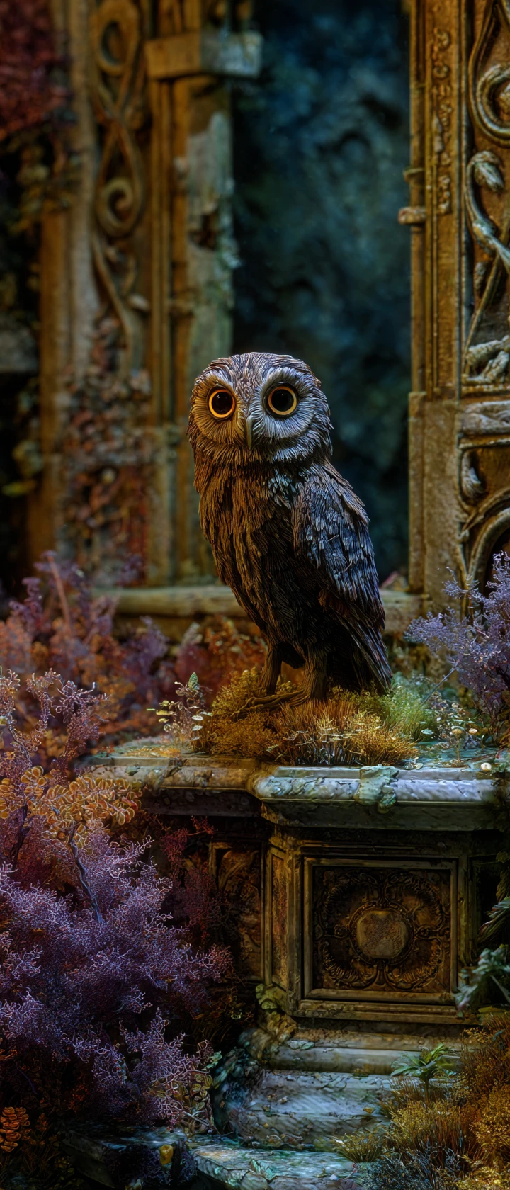 Spectral owl watching from a decaying art nouveau mansion