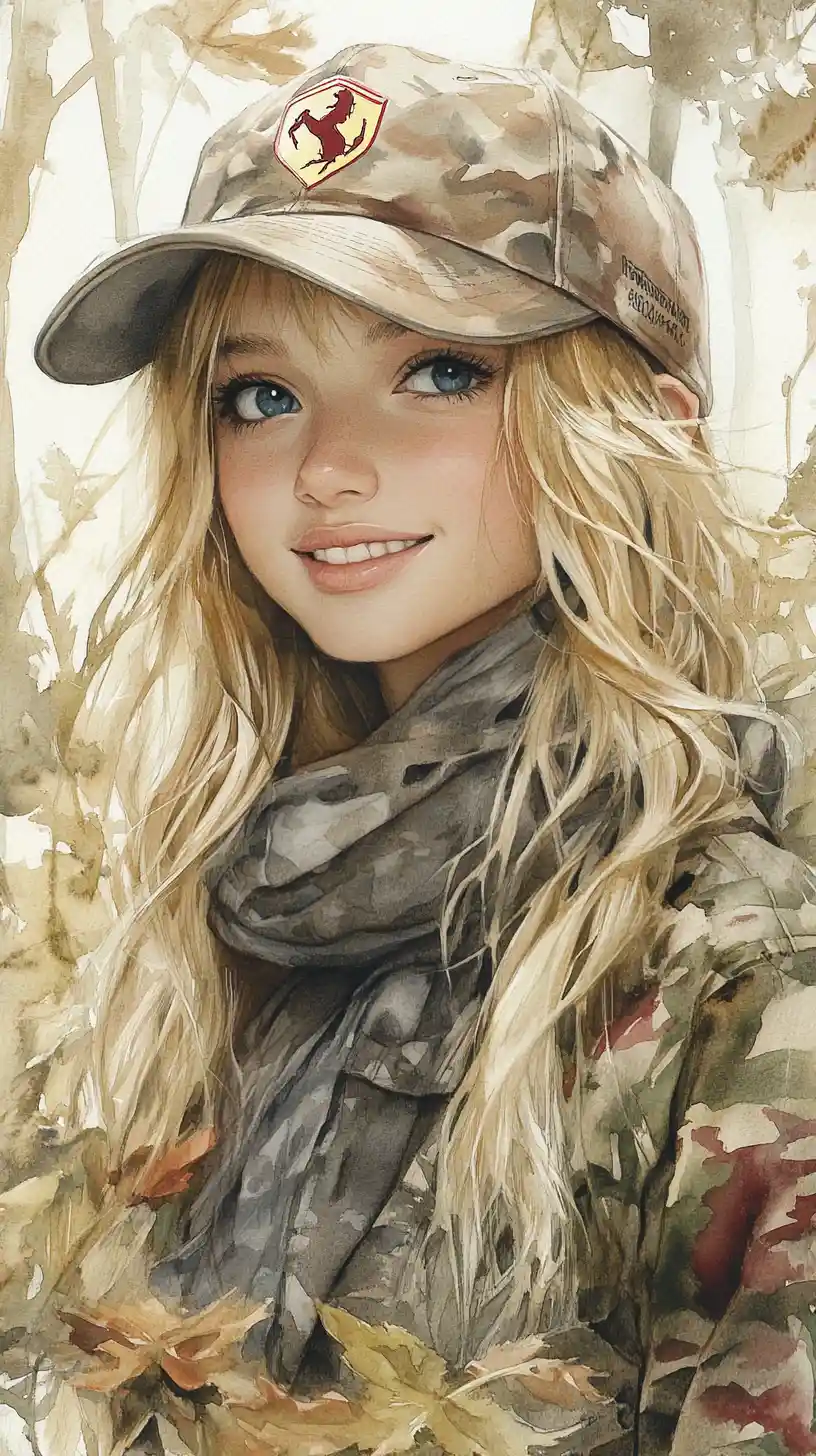Smiling blonde girl in Ferrari cap watercolor forest portrait