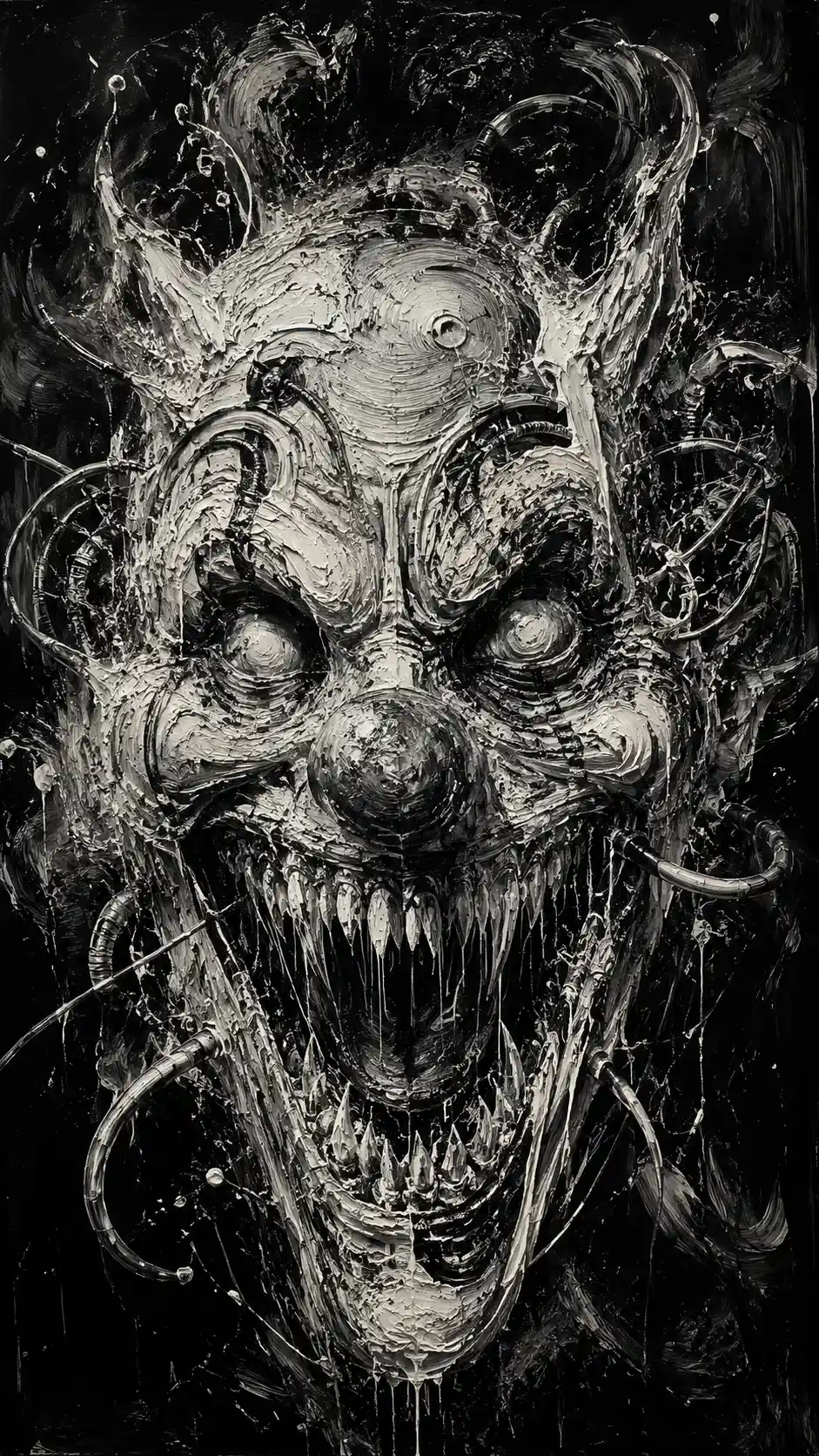 黑暗抽象畫布上的畸形惡魔小丑臉