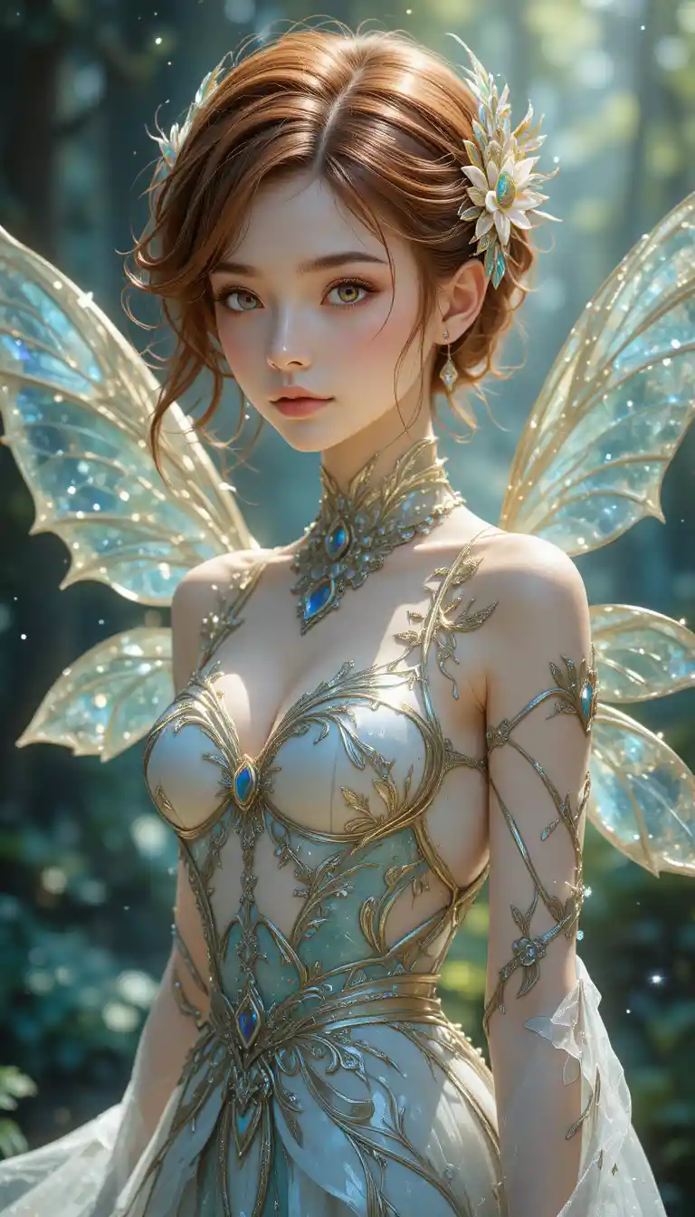 Young fairy girl with glowing wings in anime style