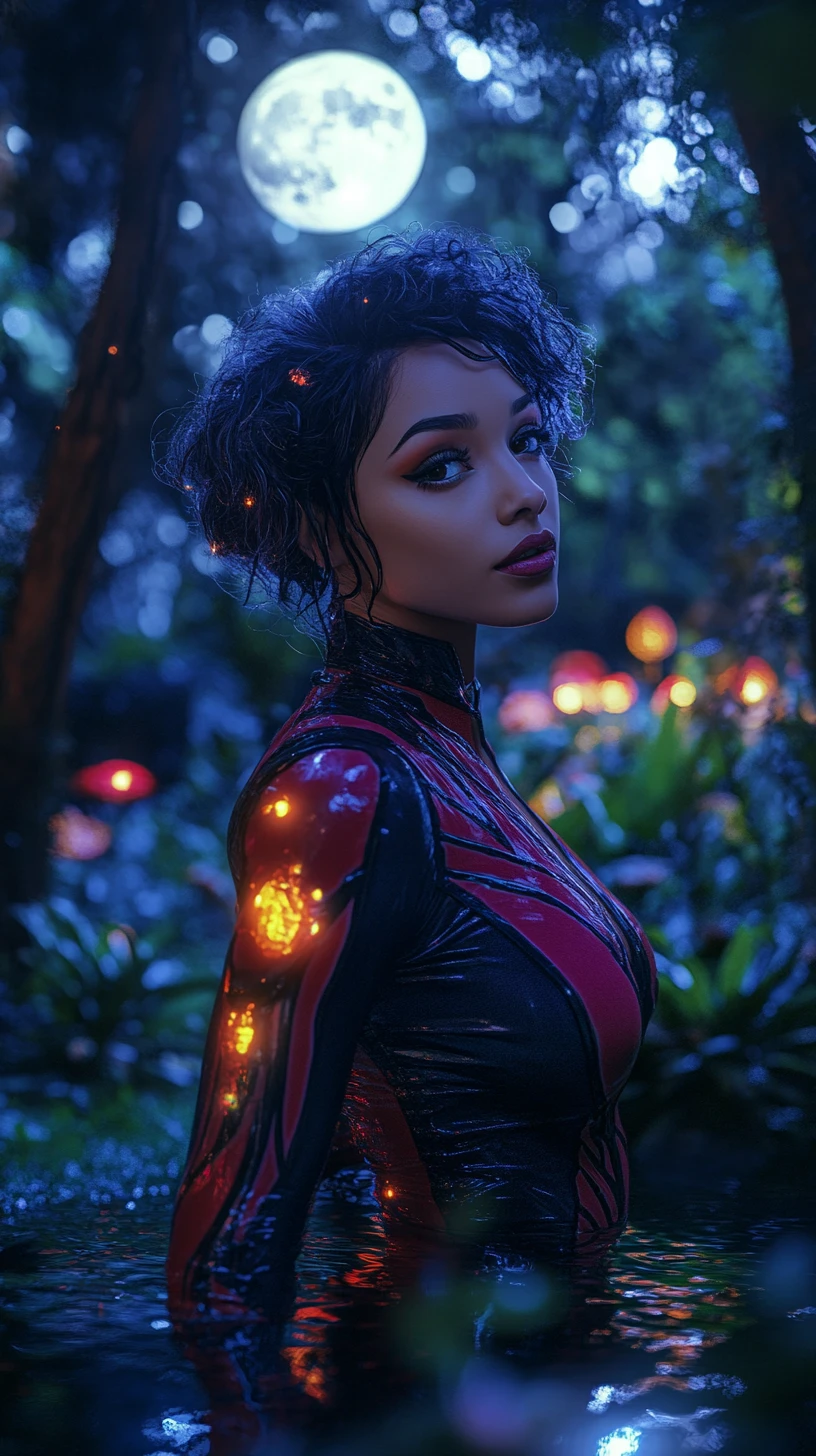 Superhero woman in an enchanted moonlit forest