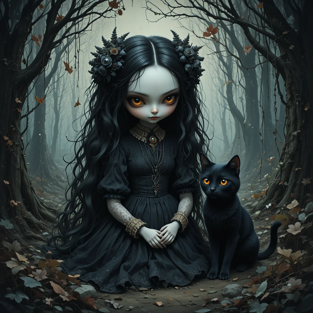 Gothic doll like girl with cat in enchanted forest
