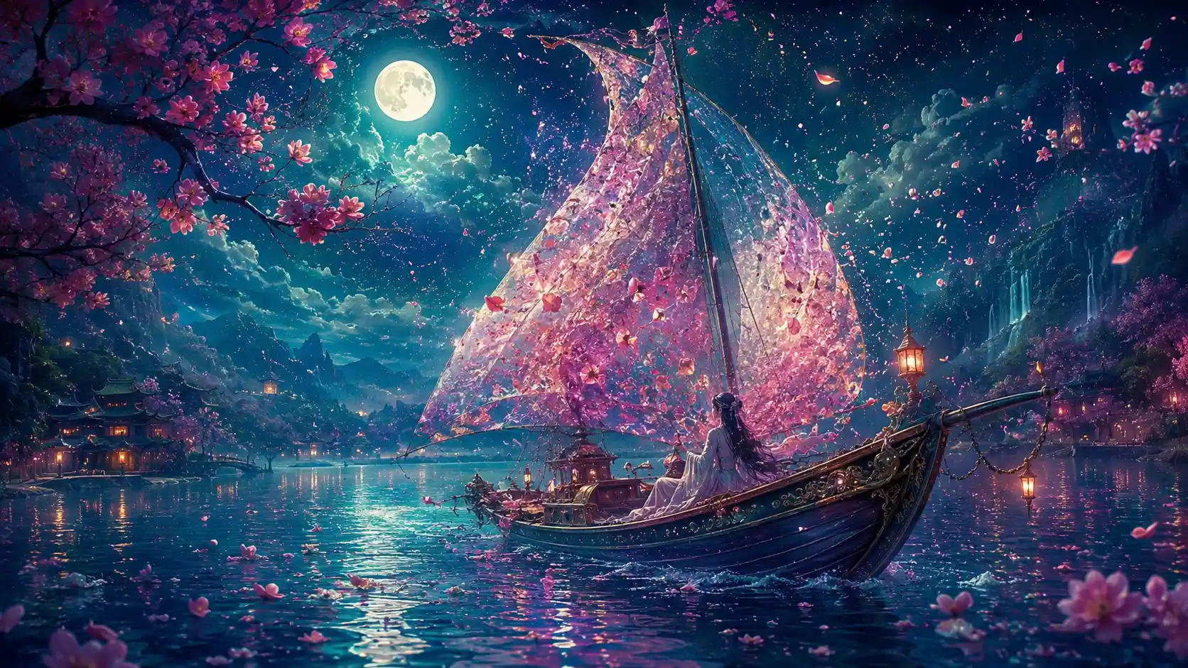 幻想帆船漂流在月光花海湖上