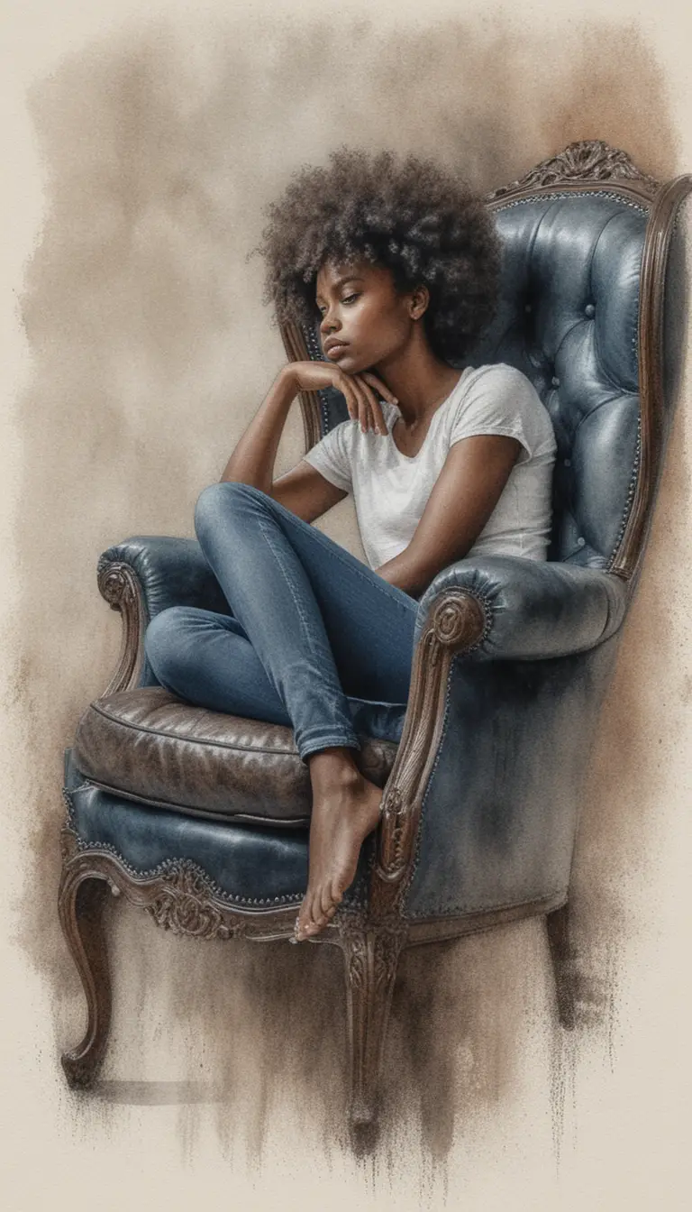 Pensive young woman reclining barefoot in an antique armchair