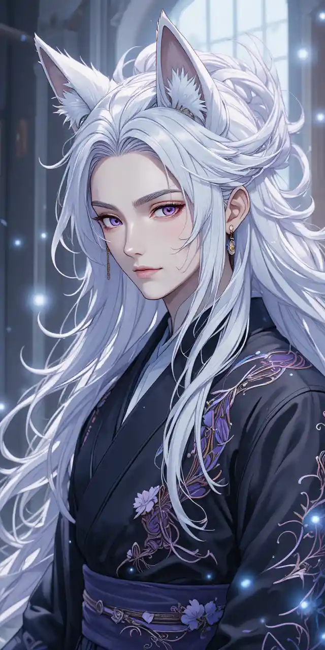 Elegant kitsune man in dark modern kimono with silver hair