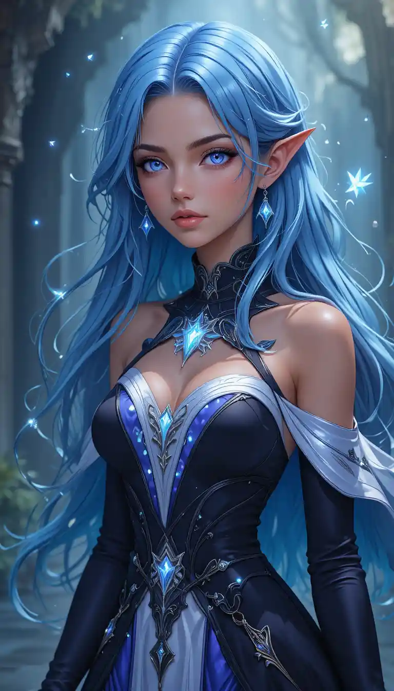 Anime sorceress with glowing violet eyes and floating jewels