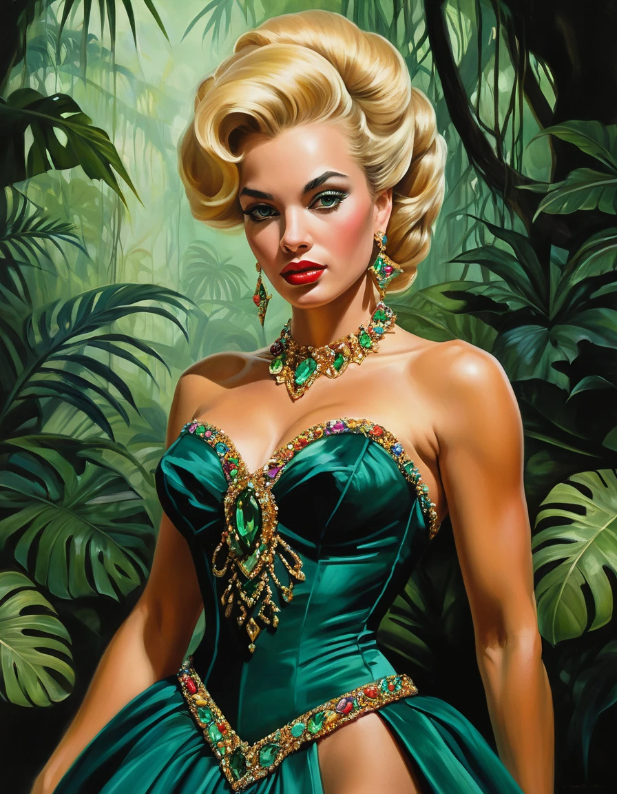 Sensual fantasy woman in rainforest masquerade ball gown