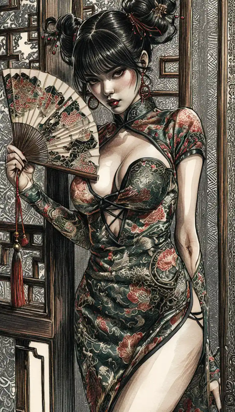 Dark fantasy woman in emerald cheongsam with folding fan