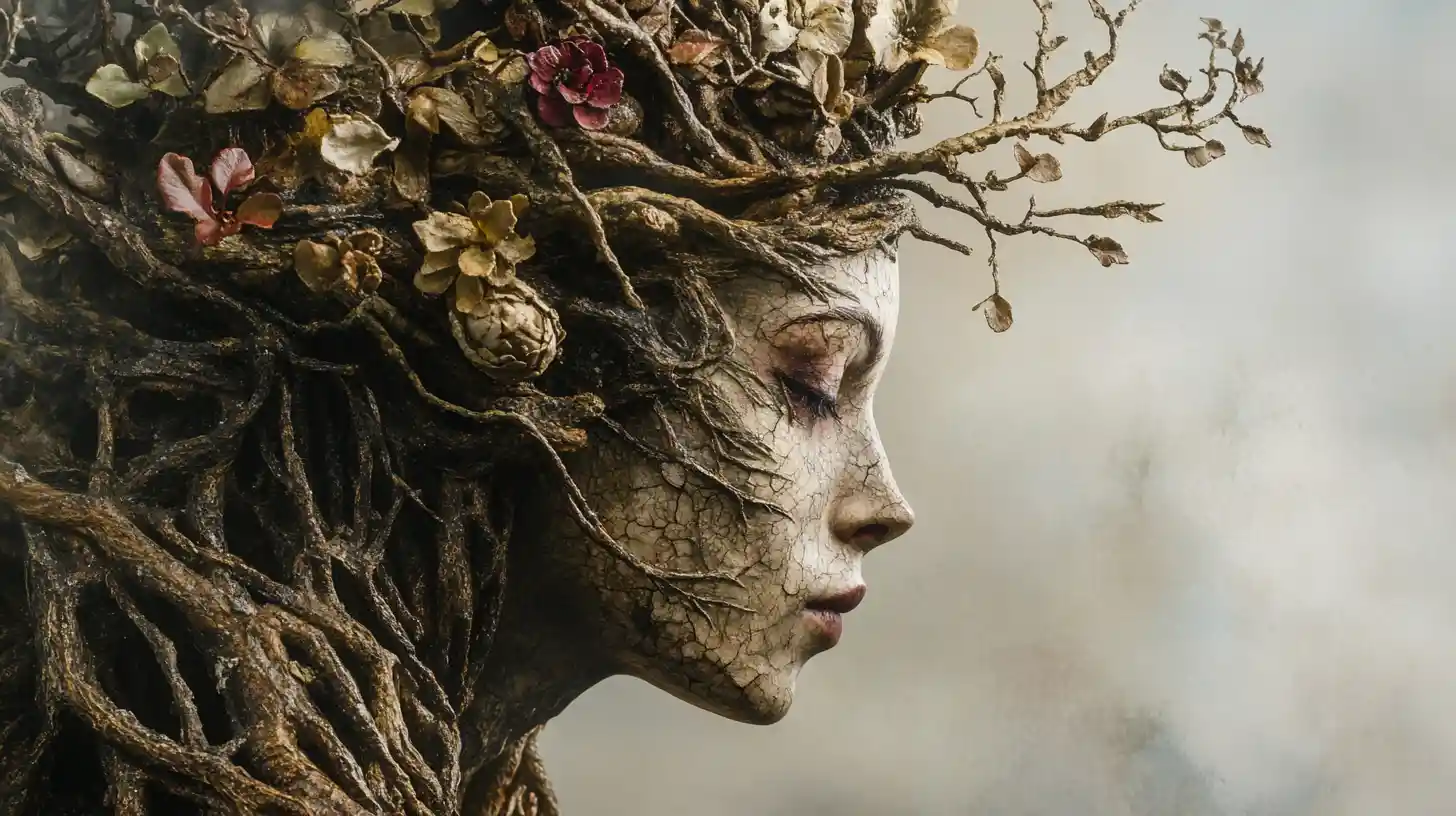 Ancient forest woman fused with roots and wild florals