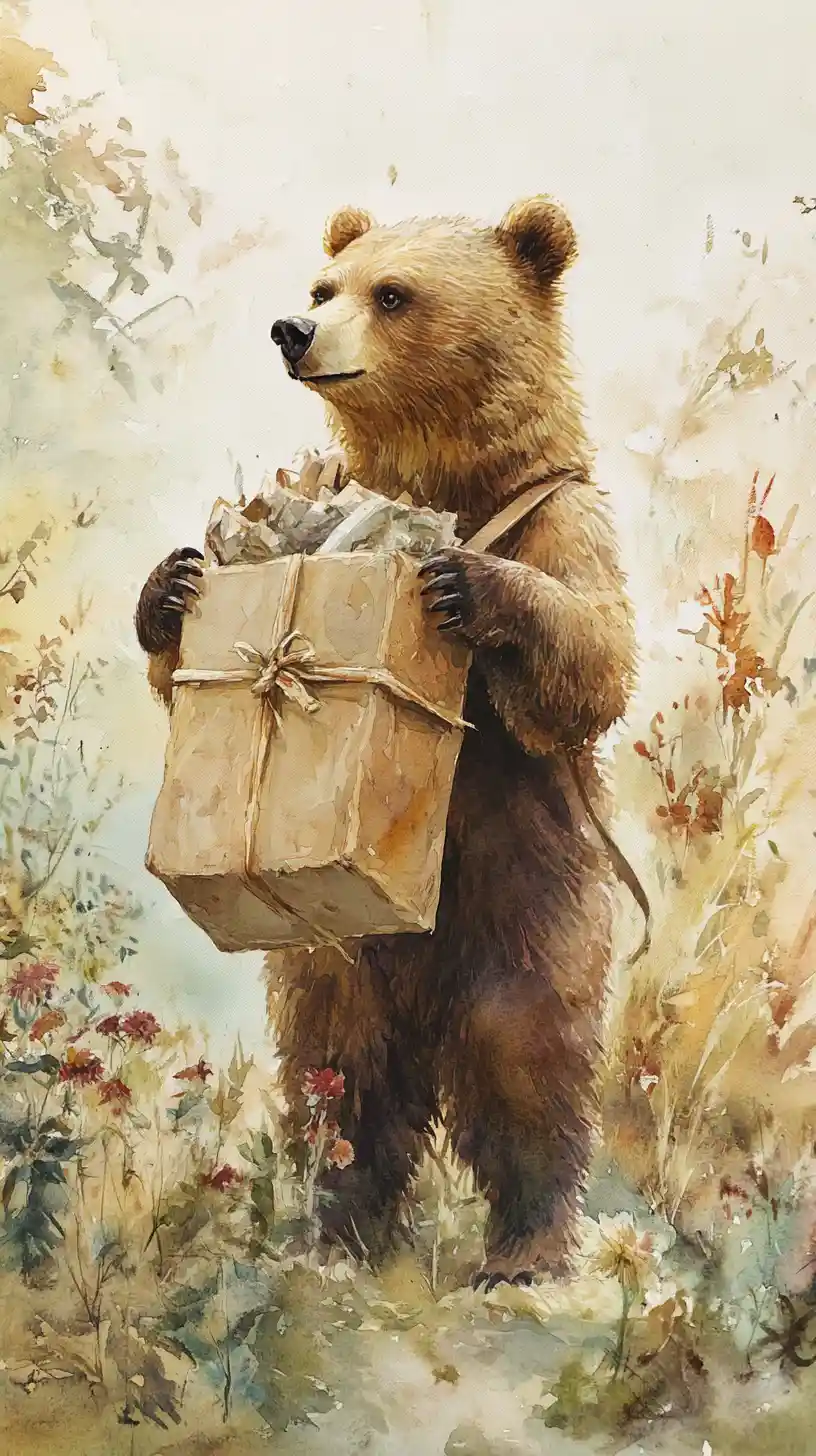 Watercolor brown bear trader walking through the countryside