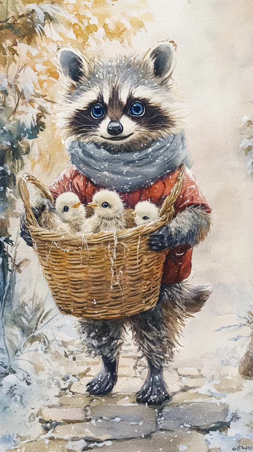 Watercolor raccoon carrying chicks in a basket on snowy cobblestones