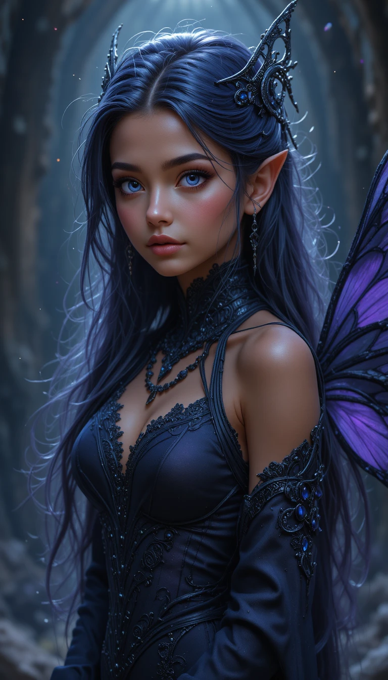 Dark fairy dragon woman with shadowy violet wings